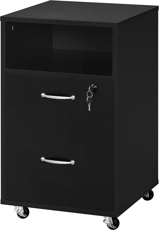 Topeakmart File Cabinet Movable Vertical Filing Cabinet with 2-Drawer and 1-Open Shelf Mobile Letter File Storage Oragnizer Lateral File Srorage on Wheels, for A4/ Legal/Letter Black