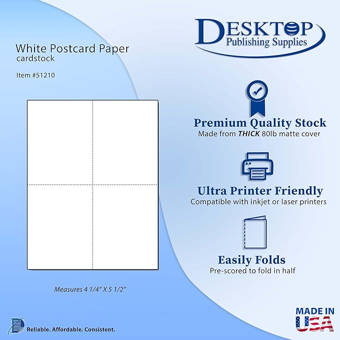 Heavyweight Blank Postcard Paper for Printing - 20 Sheets / 80 Postcards - White - Perforated 4 per sheet - Thick 80lb Cover Cardstock - Inkjet/Laser Printable