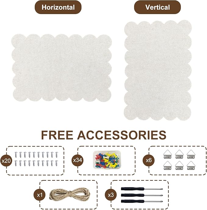 Hanging & Wall-Mounted Felt Bulletin Board with Scalloped Edges, Large Multi-Use Pin Board, Cork Board Alternative for Office, Includes Hanging Rope, Hardware, and Double-Sided Tape（35.4 * 23.6inch）