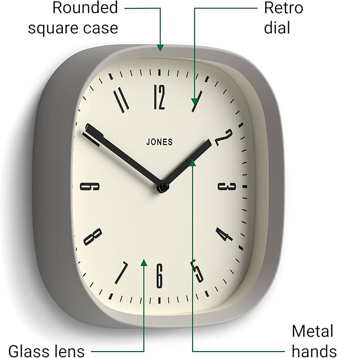 JONES CLOCKS® Marvel wall Clock | Modern Retro Rounded Square Clock | 10 inch | Gray | Cool Designer Look for Kitchen, Living Room or Office