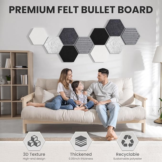 Hexagon Cork Bulletin Board Tiles, 10 Pack Felt Board with 25 Push Pins, Photo Display Board for Office & Home Classroom Wall Decor, 11.8x10.2 Inches