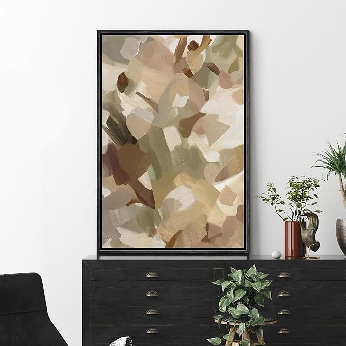 MUDECOR Framed Canvas Print Wall Art Layered Abstract Brushstroke in Natural Shades Illustrations Minimalism Decorative Relax Colorful for Living Room, Bedroom, Office - 24"x36" Black