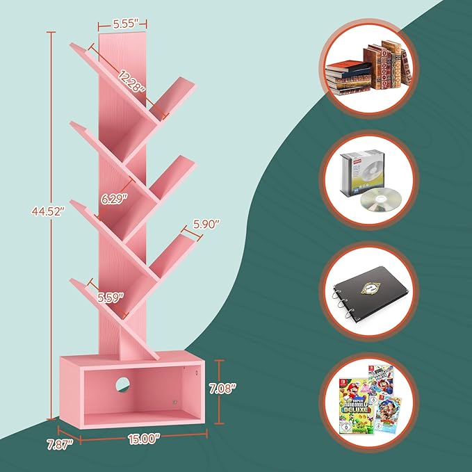 Yoobure Tree Bookshelf - 6 Shelf Retro Floor Standing Bookcase, Tall Wood Book Storage Rack for CDs/Movies/Books, Utility Book Organizer Shelves for Bedroom, Living Room, Home Office Pink