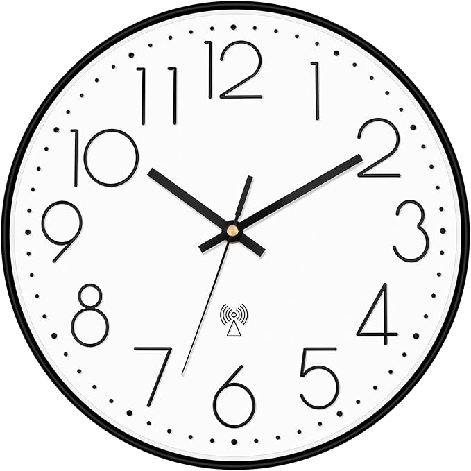 Foxtop Atomic Wall Clock Battery Operated Round Analog Modern Black Wall Clock Sets Automatically for Office Classroom Bedroom Kitchen Living Room