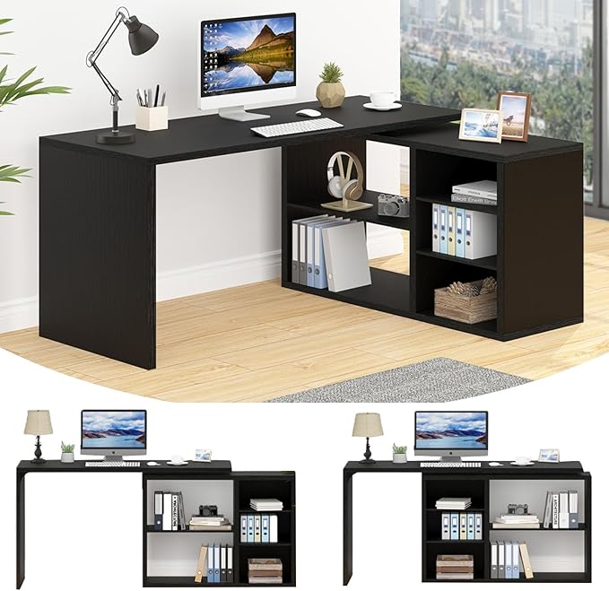 HSH Black L Shaped Computer Desk, Corner Desk with Storage Cabinet Shelves, Reversible Industrial Wood Executive Workstation, L-Shaped Home Office Table for Work Study Writing Gaming, 55 Inch