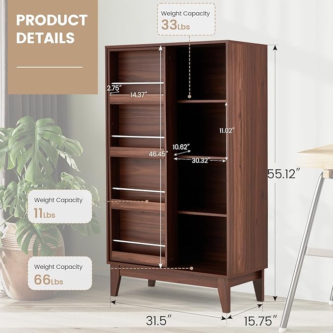 JOMEED 4 Tier Bookshelf with Sliding Door and Magazine Rack, Double Wide Modern Bookcase with Sturdy Legs, Floor Standing Display Book Cabinet for Living Room, Bedroom, Library, Office Walnut