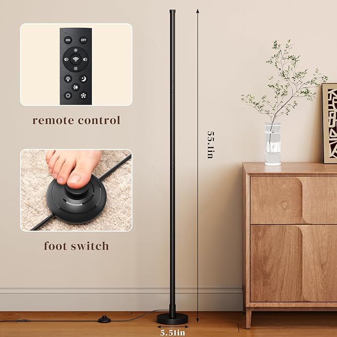 Corner Lamp, Minimalist Floor lamp with Remote Control, Dimmable Corner Light,Corner Floor Lamp for Living Room, Bedroom, Home Office, 7 Color Temperature 3000K-6000K (black-56.7in, 1 Pack)
