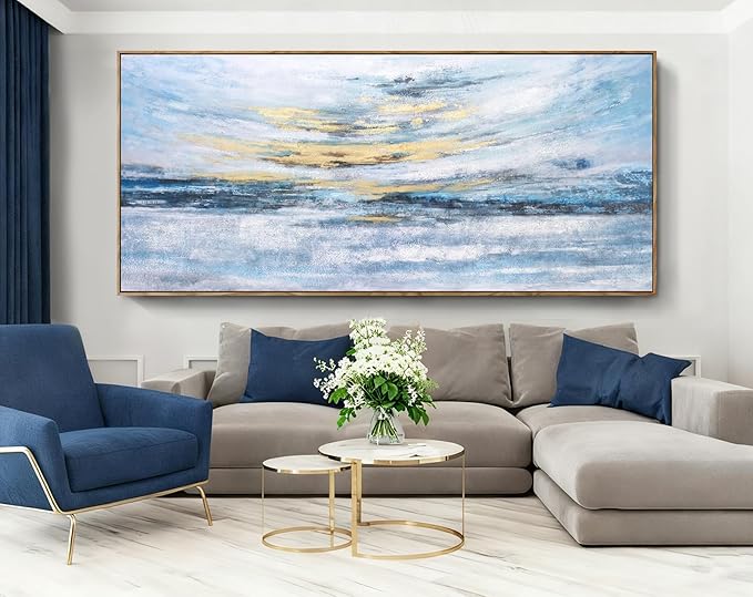 Nicetop 86x39 Extra Large Abstract Ocean Sunset Wall Art, Hand-Applied Gold Foil & Hand-Painted Texture, Serene Coastal Oil Painting, Natural Wood Frame, Modern Decor for Living Room Bedroom Office