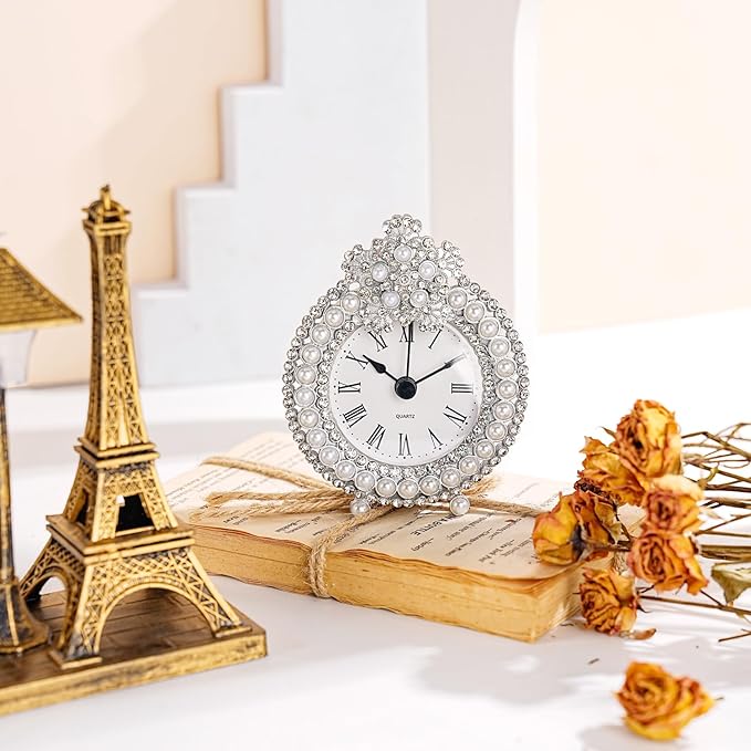 Mini Tabletop Clock, Decorative Metal Table Clock with Battery Operated for Bedside, Table, Living Room, Home and Office
