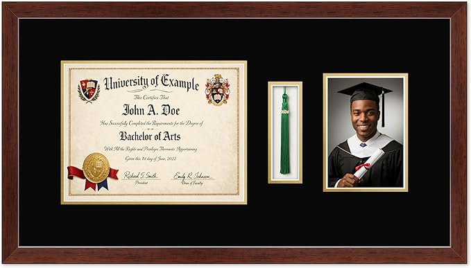 CountryArtHouse Diploma Tassel and Photo Shadowbox Fits 11 x 8.5 US Letter Certificate with Tassel Hook Rustic Walnut Genuine Hardwood with Black Over Metallic Gold Double mat