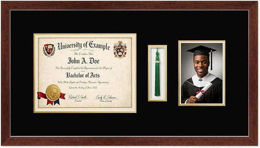 CountryArtHouse Diploma Tassel and Photo Shadowbox Fits 11 x 8.5 US Letter Certificate with Tassel Hook Rustic Walnut Genuine Hardwood with Black Over Metallic Gold Double mat