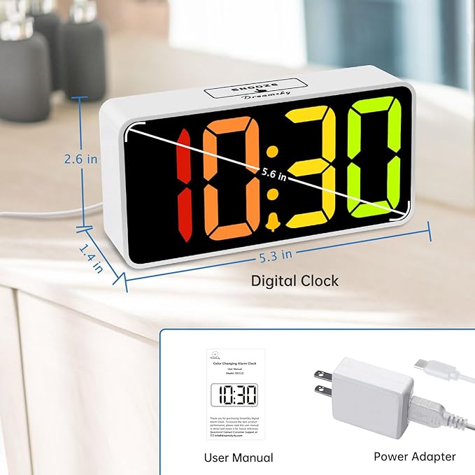 DreamSky Small Digital Alarm Clock for Bederoom, RGB Large Big Numbers Display with Dimmer for Living Room, Electric Bedside Desk Clock with USB Charging Port, Adjustable Volume, USB-C Adapter Powered