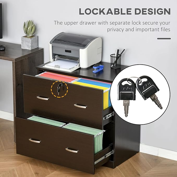 2 Drawer File Cabinet with Lock, Home Office Filing Organizer, for Letter Legal A4 Size Labeled Folders File Folder Storage, Wood Lateral Filing Cabinet (Espresso-D16.5*W29.25*H28.25in)