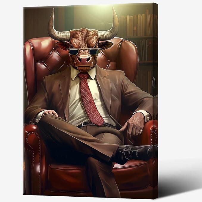 Trendy Suit Animal Cow Portrait Wall Art Funny Boss Cow Canvas Posters Work Struggle Motivation Inspiring Prints Painting For Office Living Room Wall Decor 12x16in Framed