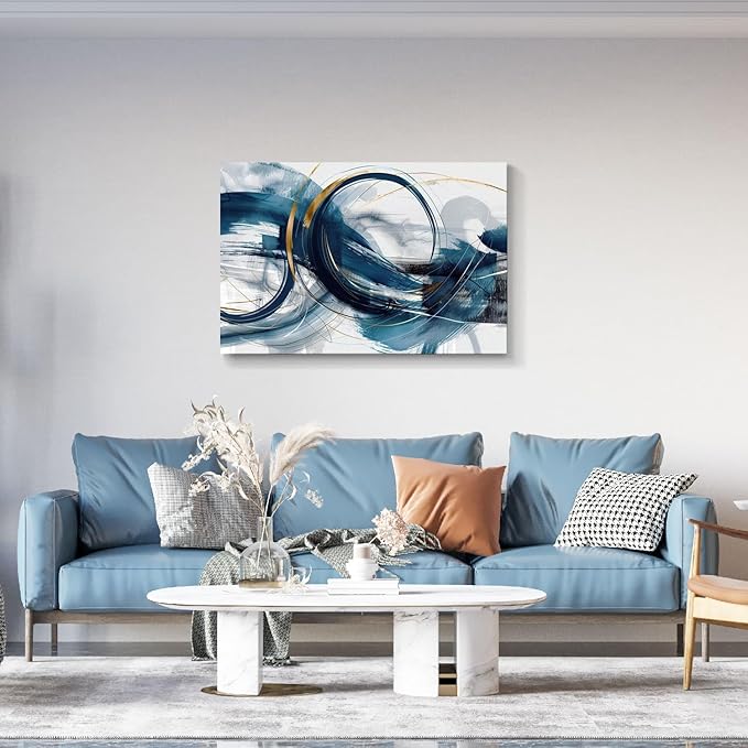 gaosoul Modern Abstract Canvas Wall Art Dynamic Blue Gold Lines Doodled on White Background Paintings Framed Minimalism Artwork Prints for Living Room Bedroom Office Decor 48x32in