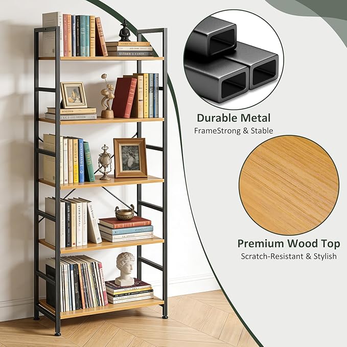 5 Tier Bookshelf, Free Standing Wooden Bookcase with Open Storage Shelves with Metal Frame, Sturdy Shelf Organization Display Rack for Living Room, Bedroom, Home Office, 62.2" Tall, Wood