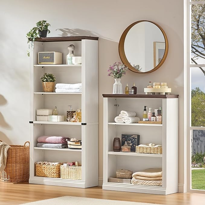 70" White Tall Bookshelf Set of 3,5-Tier Thick Wooden Book Shelf with Adjustable Shelves,Free Standing Farmhouse Bookcase with Open Display Storage,Floor Vintage Bookshelves for Living Room
