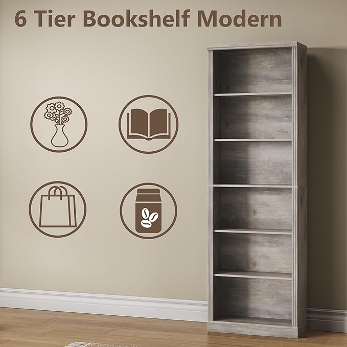 Tall Bookshelf, 6-Tier Bookcase with 2 Adjustable Shelves, Modern Farmhouse Storage for Living Room, Entryway, Office, 23.6" W x 74.8" H x 10.6" D, Grey