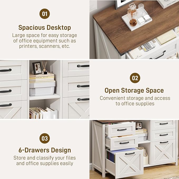 Farmhouse Lateral Filing Cabinet, Lateral File Cabinet with 6 Drawers and Adjustable Shelf, Large Printer Stand with 2 File Drawers for Letter/A4 Size Hanging Files for Home Office, Rustic White