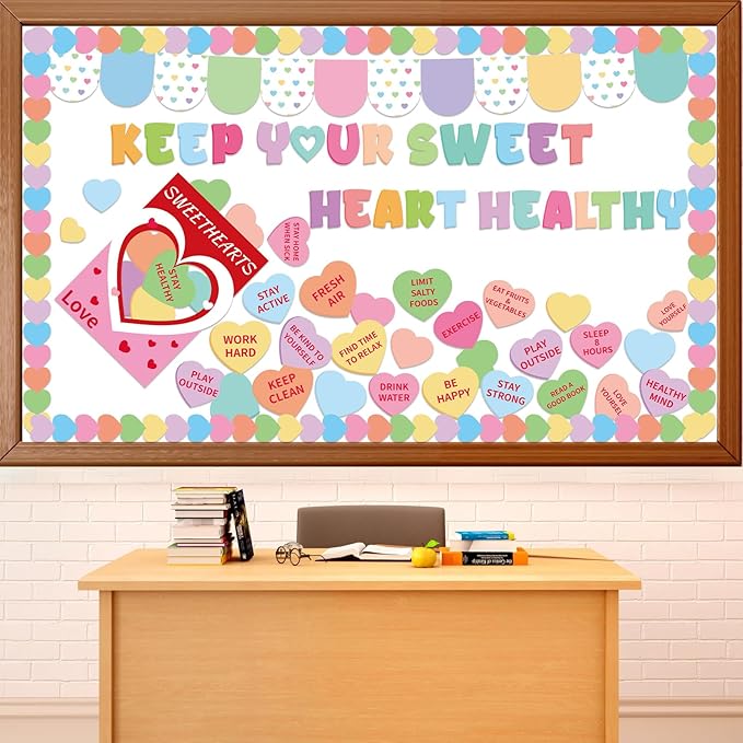 Valentine's Day Health Bulletin Board Set Health Habits Conversation Heart Classroom Decor Sweet Candy Heart Cutouts Pastel Bulletin Board Border for Holiday Party School Home Chalkboard Wall Decor