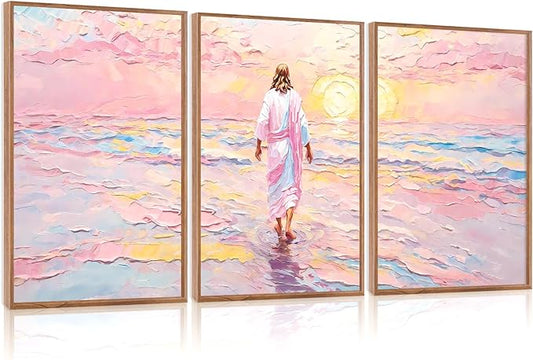 CHDITB Jesus Walking on Water Framed Canvas Wall Art(24"x36"), 3 Panels Colorful Abstract Christian Bible Story Faith LDS Artwork Prints, Large Religious Watercolor Boho Sunset Landscape Christ Gift Decor for Home Office Bedroom