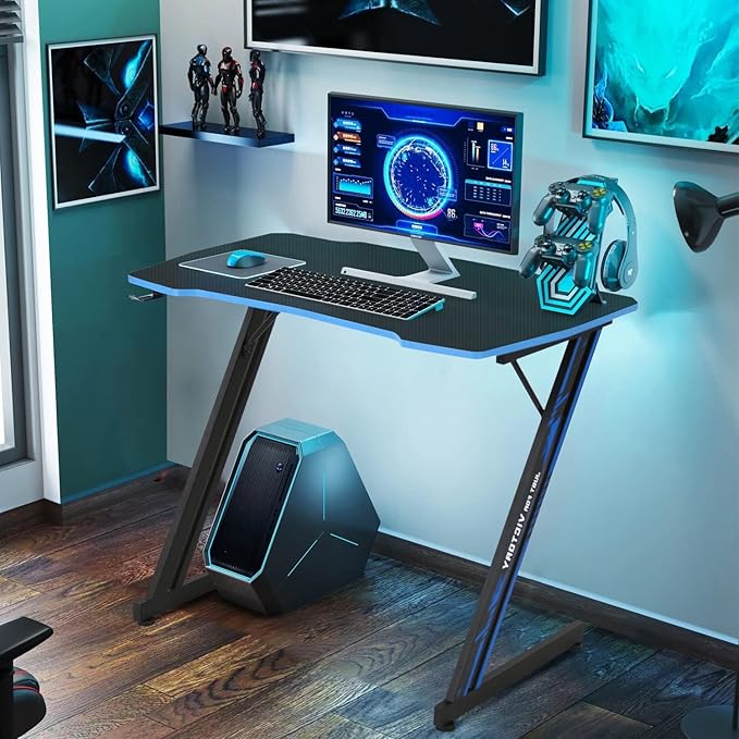 35 in Gaming Desk Z-Shaped Game Computer Desk with Hook Cheap PC Game Table Home Office Desks for Bed Sofa, Gaming Workstation for Kid, Easy to Install, Lightweight to Move, Blue