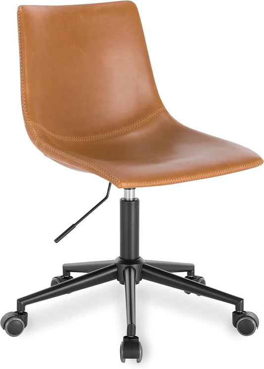 POLY & BARK Paxton Task Chair – Adjustable Height 17"-21" Swivel Office Chair with Vegan Leather Upholstery, Matte Black Steel Frame, and Caster Wheels – Cognac Tan