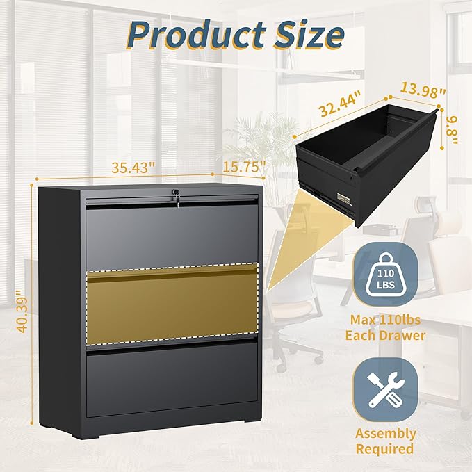3 Drawer File Cabinet with Lock, Lateral Filing Cabinets,Metal Storage Filing Cabinets for Home Office, Heavy Duty File Cabinet for Letter/Legal/A4/F4 Size Amsseble Required, Black