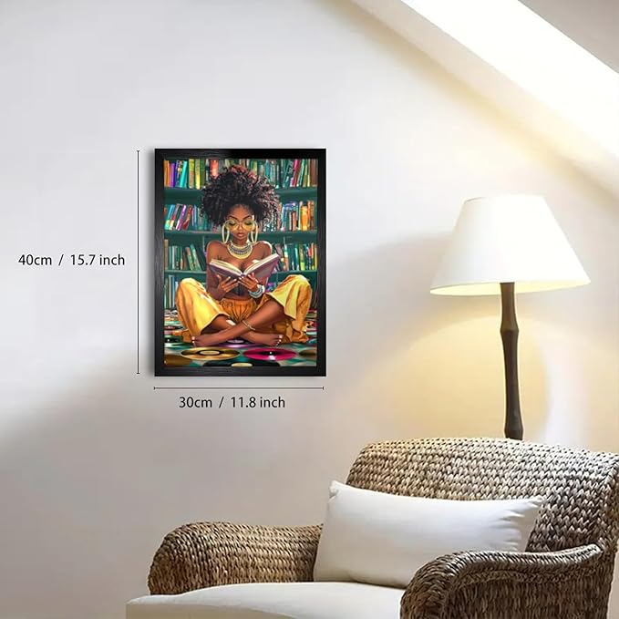 African American Wall Art Framed Black Girl Wall Art Colourful Black Girl Reading Book Pictures Canvas Prints Artwork for Bedroom Living Room Bathroom Home Decor 12x16 Inch