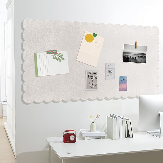 Scalloped Felt Bulletin Board 96 x 48 Inches Foldable Beige Pin Cork Board Alternative for Wall, 8' x 4' Trifold Picture Vision Self Adhesive Bulletin Decorative