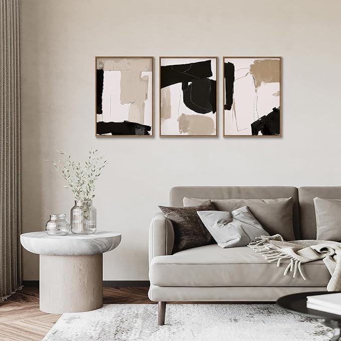 myusuar 3 Piece Large Modern Abstract Canvas Framed Wall Art For Living Room, Black And Beige Blocks Minimalist Wall Art Decor Posters Prints For Bedroom Office, 12x16in