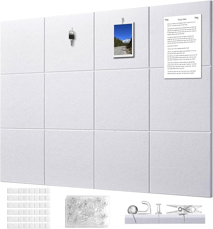 Felt Wall Tiles Bulletin Board Large Cork Board Alternative 12 Pack 11.81”x11.81”x0.47” Felt Pin Board Tack Board with Safe Removable Adhesive Tabs for Home Office School 48x36(White)