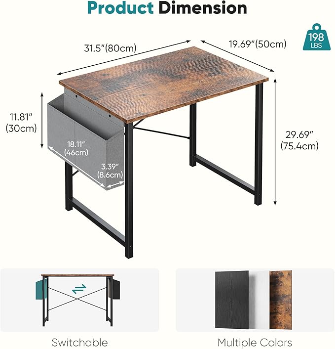 OLIXIS Computer Desk 31 Inch Home Office Desks for Small Spaces, Gaming Writing Study Work Table with Storage Bag for Bedroom, Rustic Brown