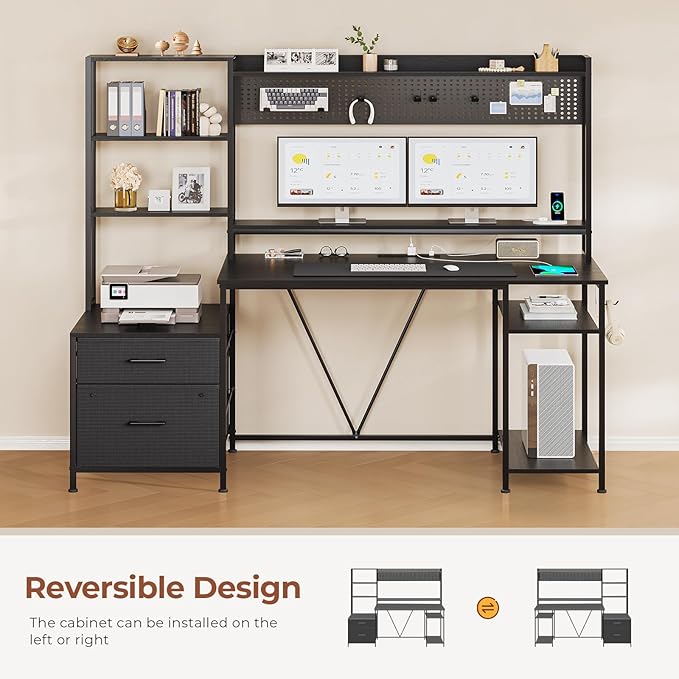 Gaming Desk with Hutch, 65in Reversible Computer Desk with Power Outlets LED Light, Home Office Desk with Monitor Stand 2 Drawers 4 Storage Shelves Pegboard 8 Hooks Mouse Pad (Black)