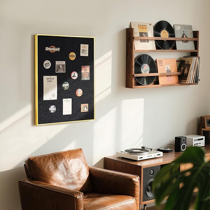 Black Bulletin Board with Linen, 24"x18", Cork Boards for Walls with Gold Aluminum Frame, Hanging Pin Board Vision Board for Home Office Kitchen Room Decor, 10 Push Pins