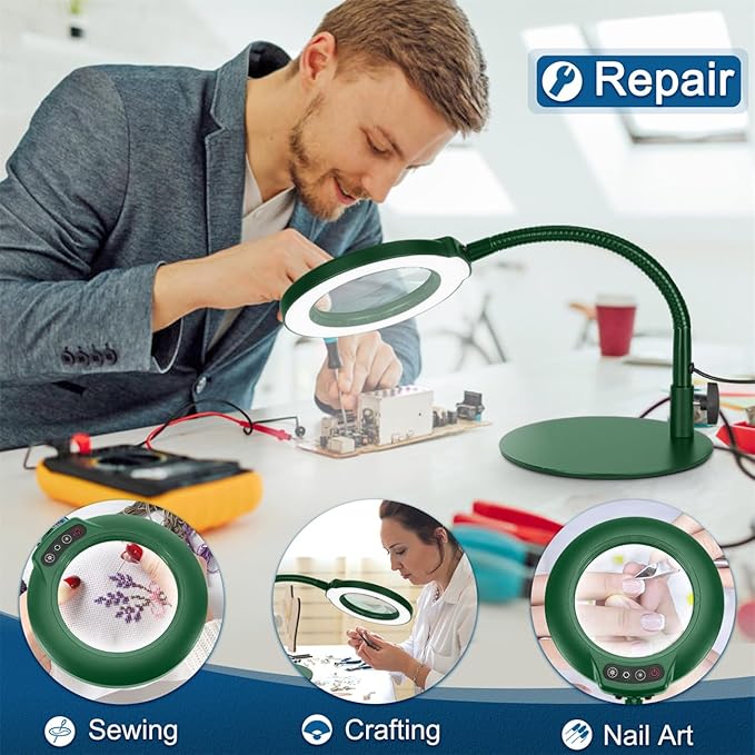 10X Magnifying Glass with Light, Real Glass Lens, 5 Color Modes Dimmable, Flexible Gooseneck Lighted Magnifier with Stand, LED Desk Lamp Hands Free for Crafts Painting Reading Close Work, Green