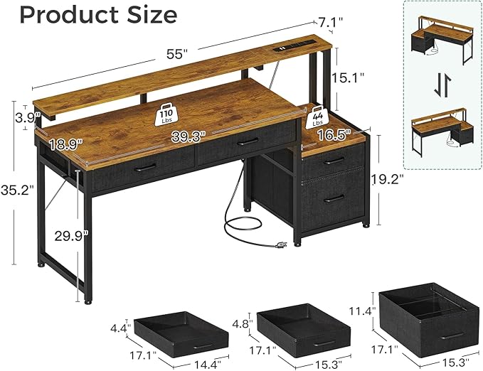 AODK Computer Desk with 4 Drawers, 55 Inch Office Desk with Printer Shelf & Built-in Power Outlet, Work Desk with Monitor Shelf for Home Small Spaces, Rustic Brown