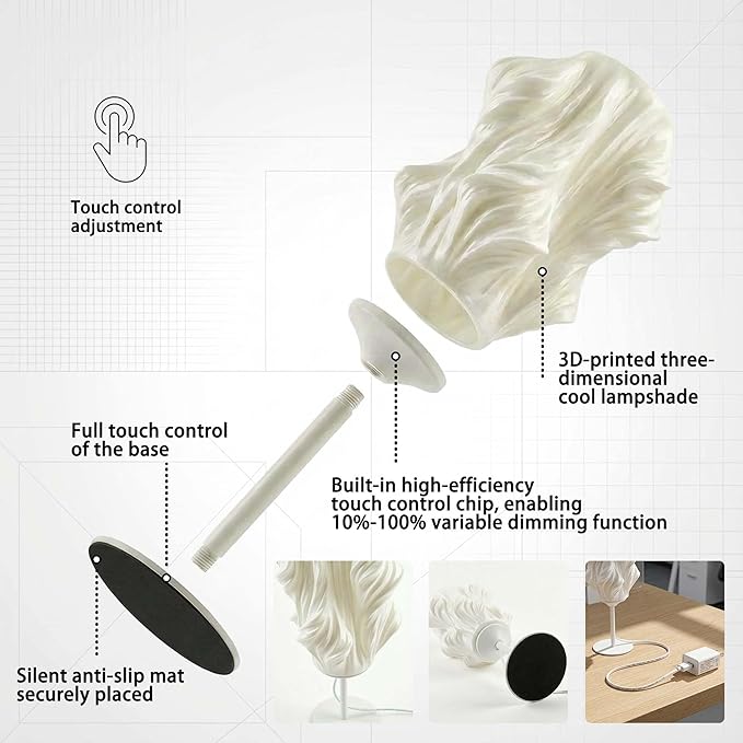 Bedside Lamp for Bedroom,3 Way Dimmable Touch Table Lamp with 6W LED Light Strip,Modern Nightstand Lamp with 3D Printed PVC Lampshade for Living Room,Office,Dorm Room
