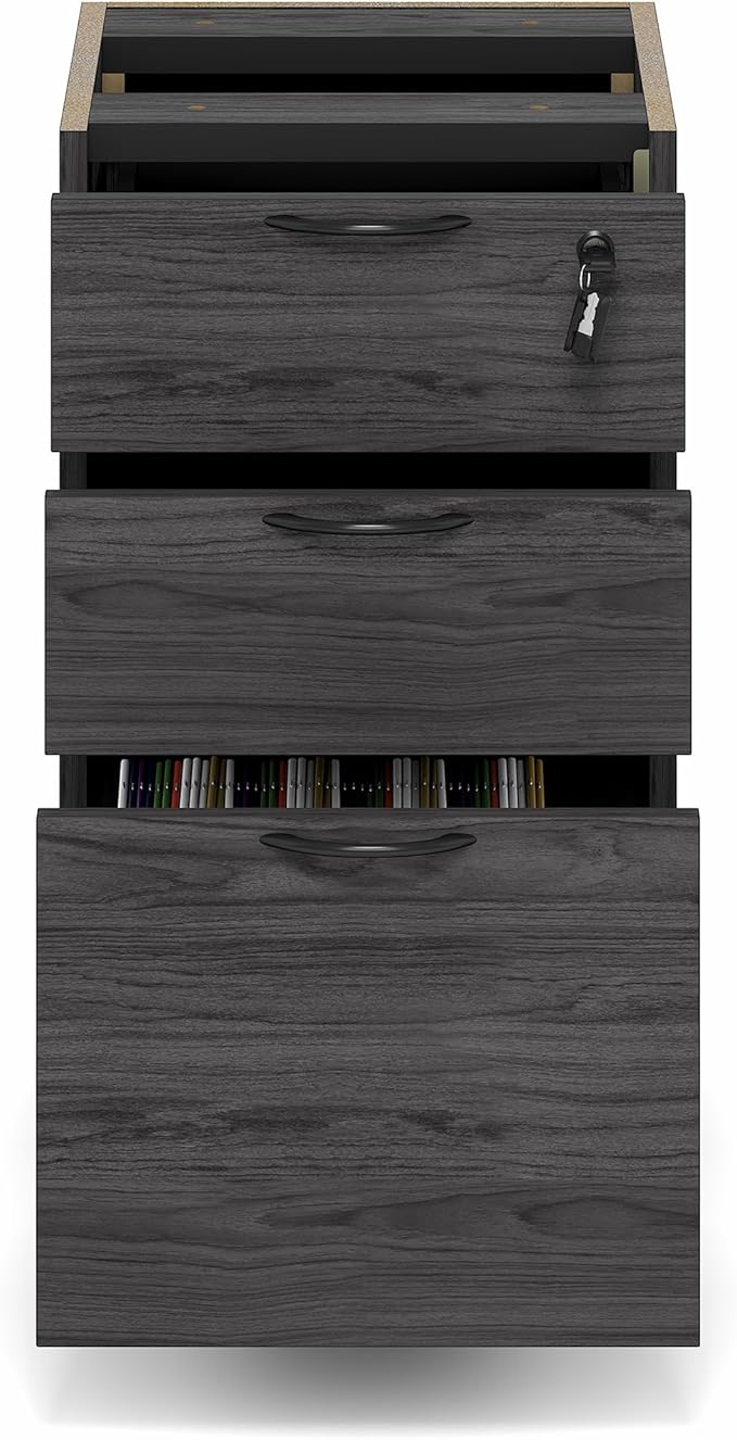 Furinno Roger File Cabinet, 3-Drawer Fixed Pedestal Filing Cabinet with Lock, Soft-Close Drawers with Drawer Organizer, for Home Office, Coastal Grey