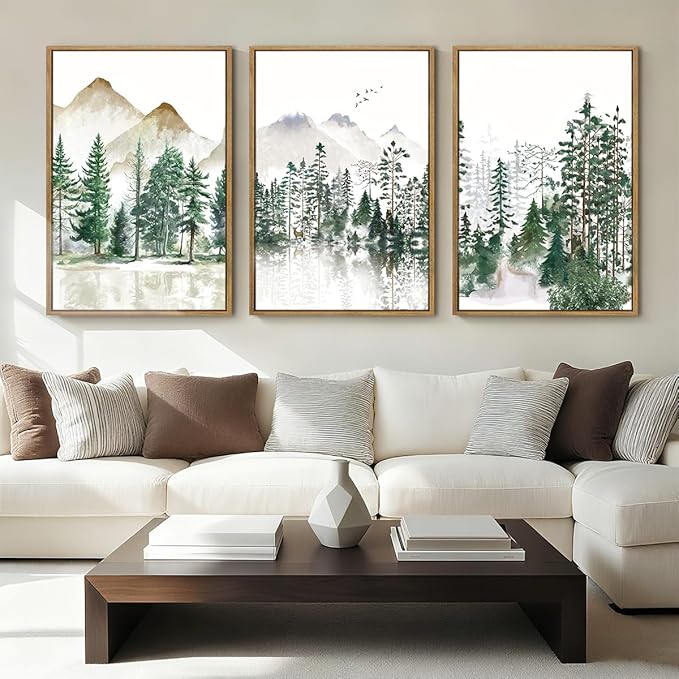 Extra Large Green Forest Mountain Wall Art Watercolor Nature Landscape Framed Wall Decor Boho Pine Tree Painting for Living Room Bedroom Bathroom Office 24x36 Inch Set of 3