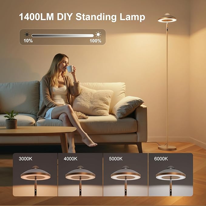 DUSKTEC Floor Lamp with RGB Star Projector, 15W 1400LM Dimmable 4 Color Temperatures LED Standing Lamp with Remote, Modern Tall Corner Lamp for Living Room, Bedroom, Office (Gold)