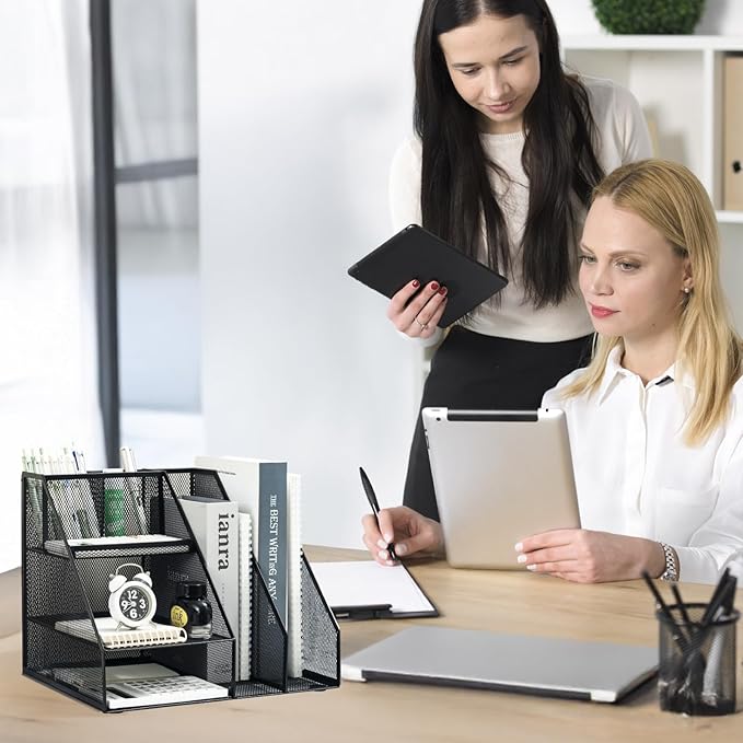 M&G Mesh Pen Holder Desk Organizer, Multi-Functional Pencil Holder with File Holders, Large Capacity Office Desk Accessories, Integrated Design without Installation