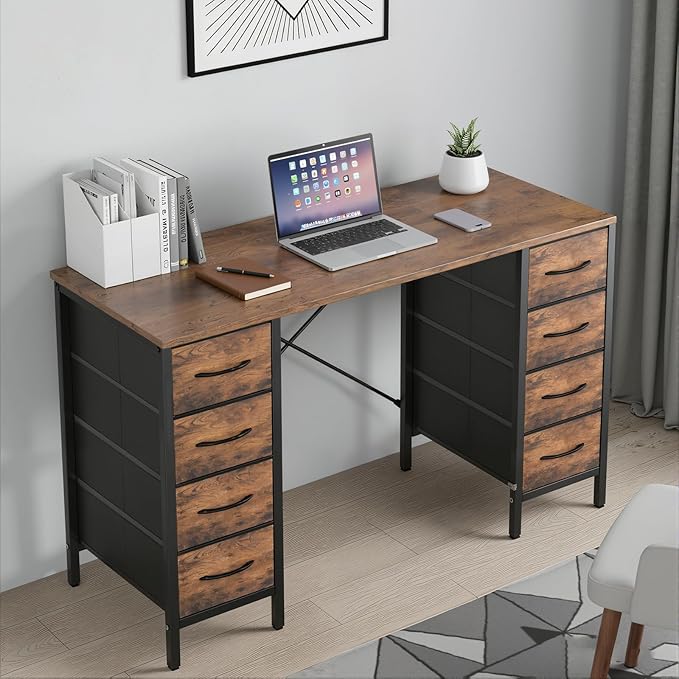 DUMOS 47 Inch Computer Desk with 8 Fabric Drawers, Office Gaming Desk with Storage, Writing Study Table with X-Shaped Reinforced Structure, Rustic Brown