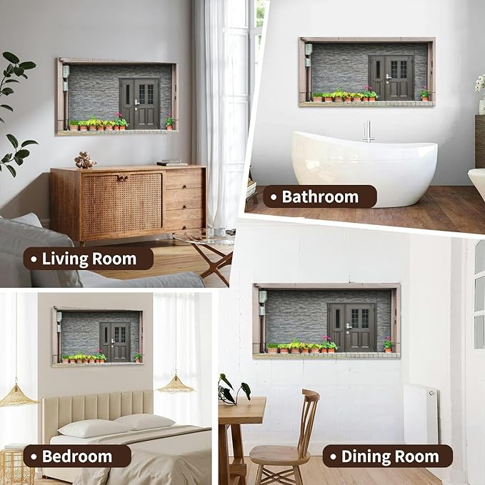 Canvas Wall Art for Living Room Bedroom Gray front door small square decorative windows and flower pots fron Big Large Wall Art Decor Framed Painting Wall Pictures Prints Artwork Office