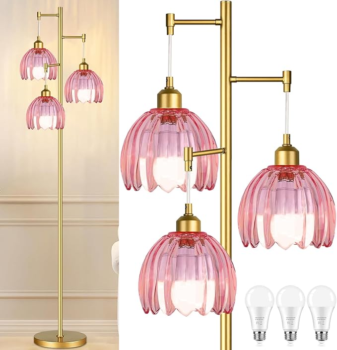 Dimmable Floor Lamps for Living Room-3 Light Gold Vintage Floor Lamp with Glass Lampshape & Three Bulbs,Modern Mid Century Standing Lamp Green Flower Tall Tree Floor Lamp for Bedroom Corner