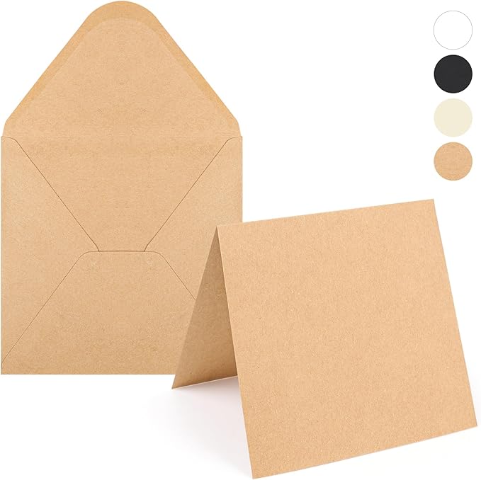 Blank Card and Envelopes 20K 6 X 6 Inch Kraft Brown Heavyweight 100LB Folded Kraft Cardstock Paper Square Envelopes for for DIY Greeting Cards, Wedding, Invitations, Baby Shower,& All Occasion