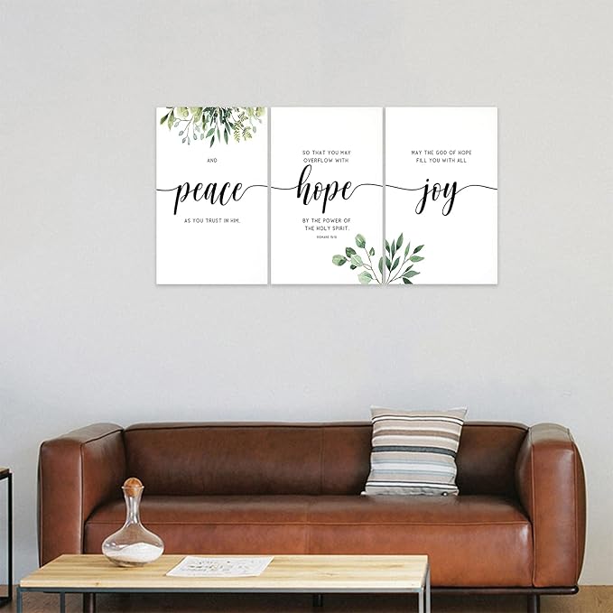 3 Piece Inspirational Wall Art, White Plants Background Picture, Quotes "Peace Hope Joy" Canvas Print for Home Decor, Triptych Motivational Poster Framed Artwork for Classroom Wall Decor (48"Wx24" H)
