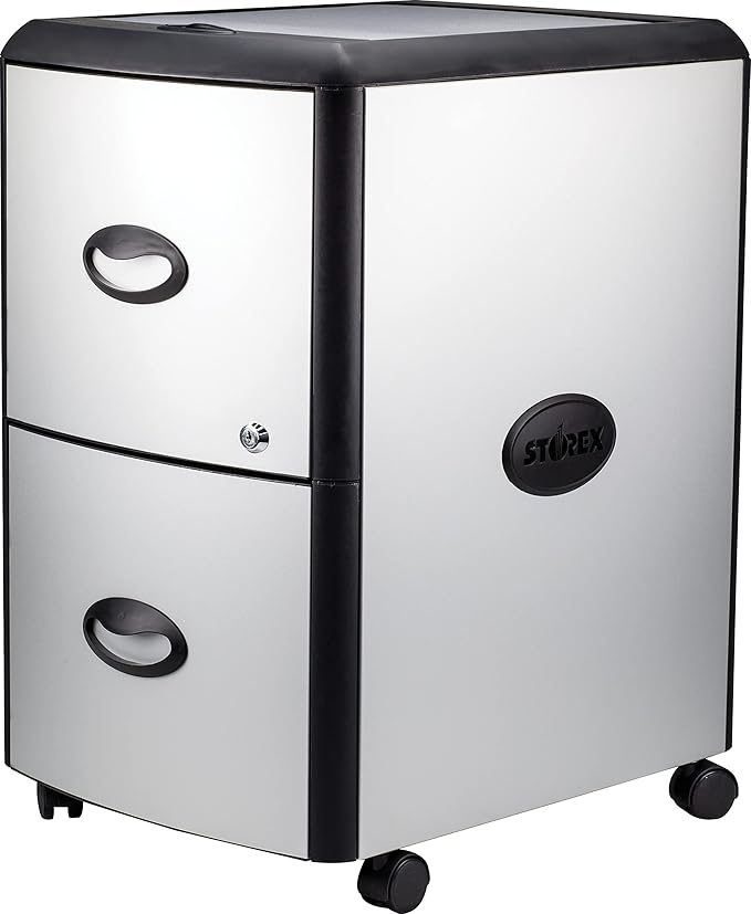 Storex Plastic 2-Drawer Mobile File Cabinet with Metal Accents, Flat Top, 19 x 15 x 23 Inches, Black/Gray (61351C01C)