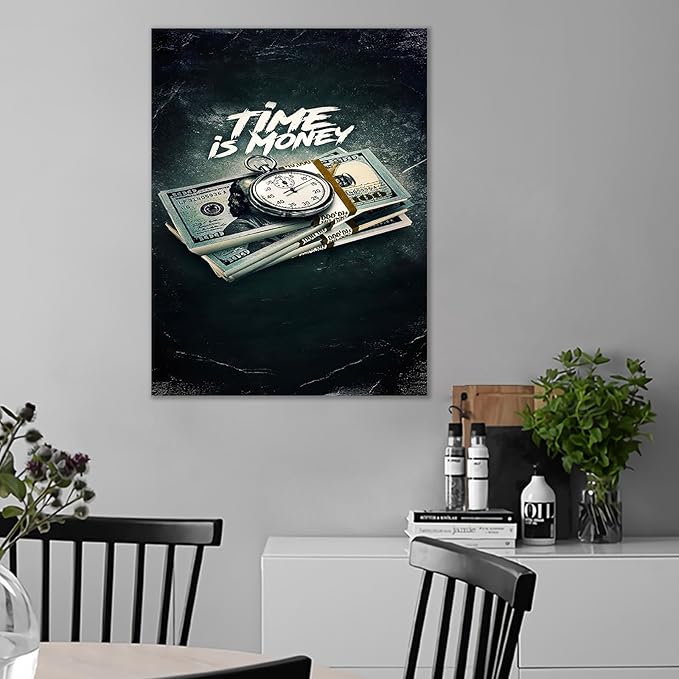 QYHART Inspirational Modern Pictures Canvas Print Vintage Painting Time is Money Nordic Wall Art Quotes Positive Poster Home for Living Room Decoration Framed Ready to Hang [24''W x 18''H]