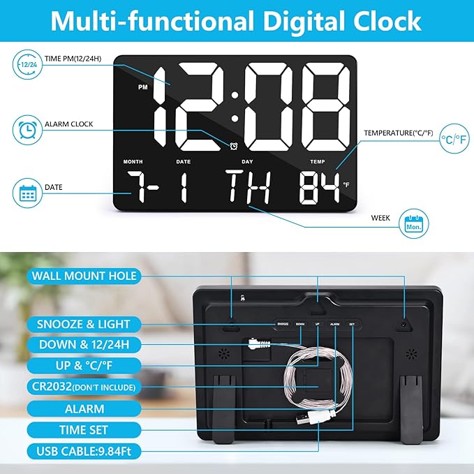 Amgico Digital Alarm Clock with Snooze, Temperature, Auto Dimming, 11.5" Large Display Calendar, Desk/Wall Clock for Bedroom, Living Room, Office, Home, Classroom, Kids, Elderly - White